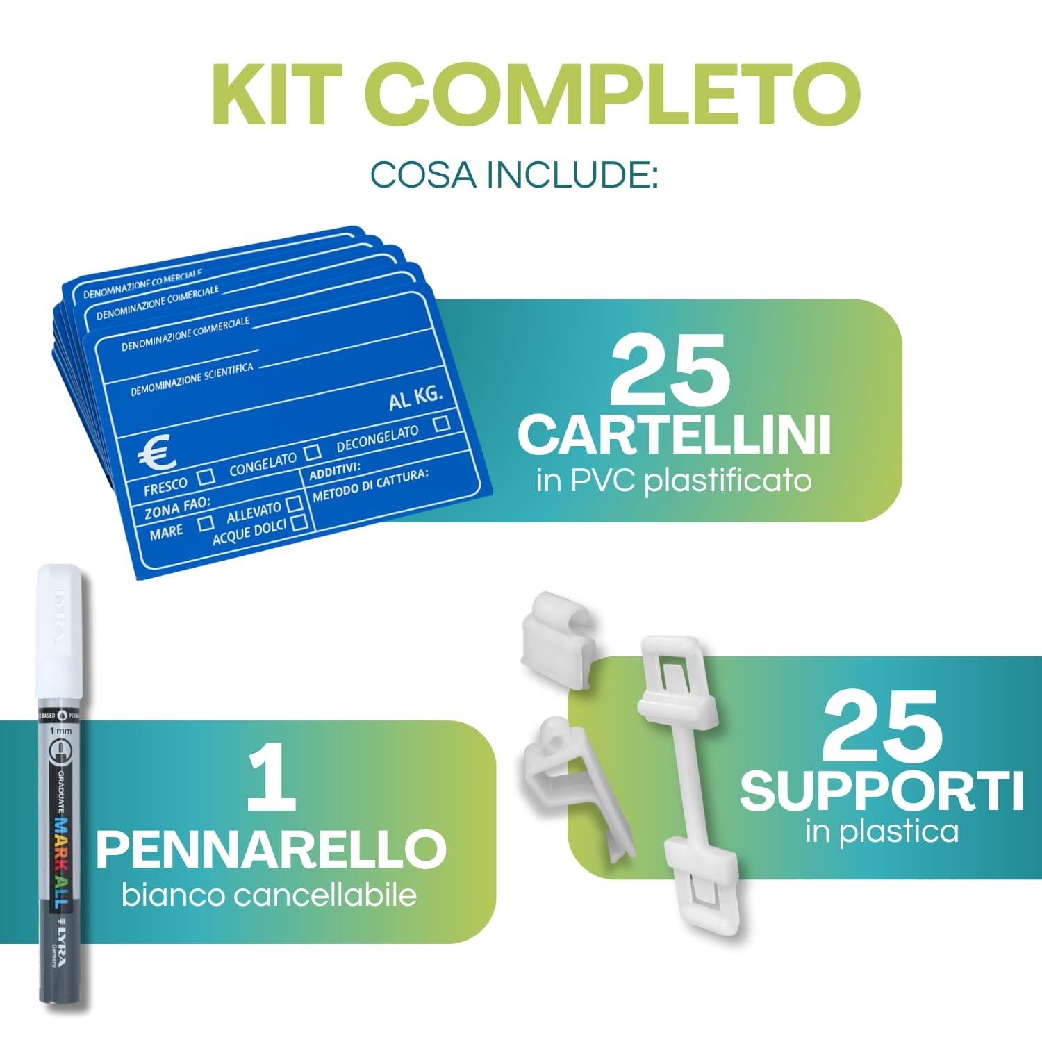 contenuto-kit-pescheria Kit cartellini pescheria con 25 etichette in PVC, 25 supporti e pennarello cancellabile