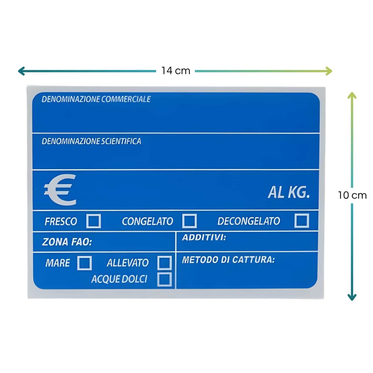 Cartellino pescheria in PVC plastificato con misure 14x10 cm e riquadri informativi