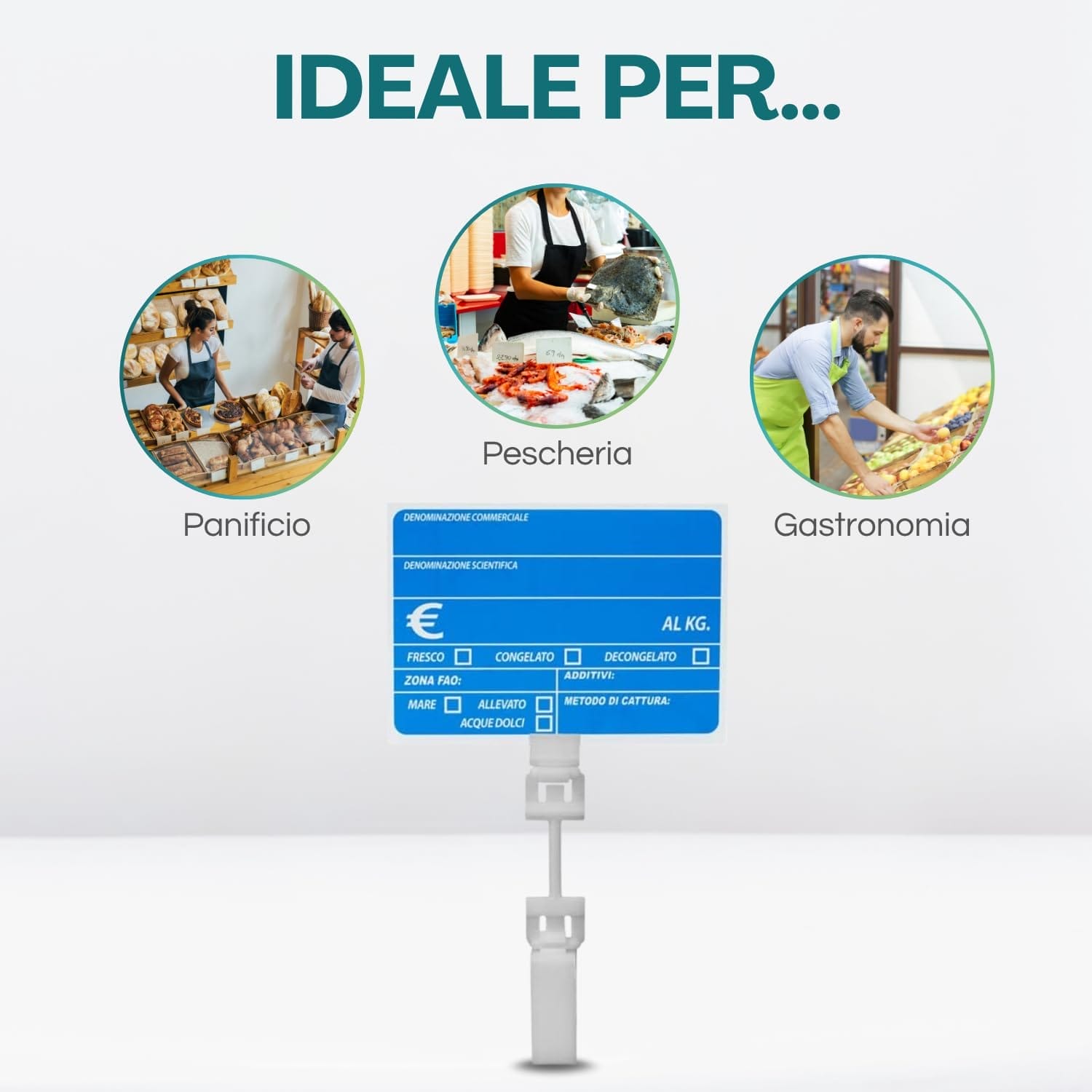 Cartellino prezzo con supporto ideale per pescherie, panifici e reparti gastronomia