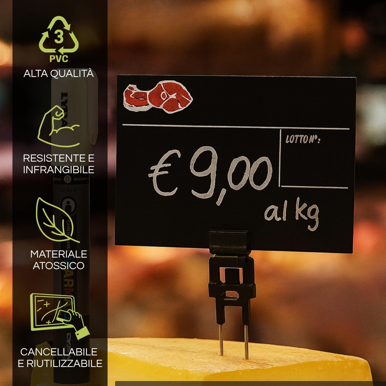 caratteristiche-kit-segnaprezzi-macelleria Cartellino macelleria PVC resistente, atossico, cancellabile e riutilizzabile