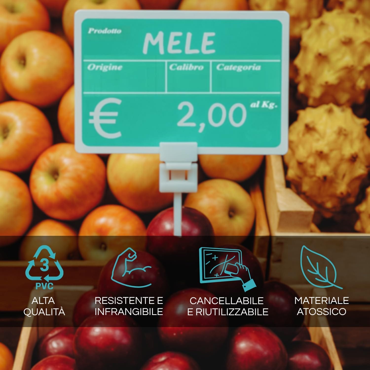 Cartellino ortofrutta in PVC, resistente, cancellabile, riutilizzabile e atossico
