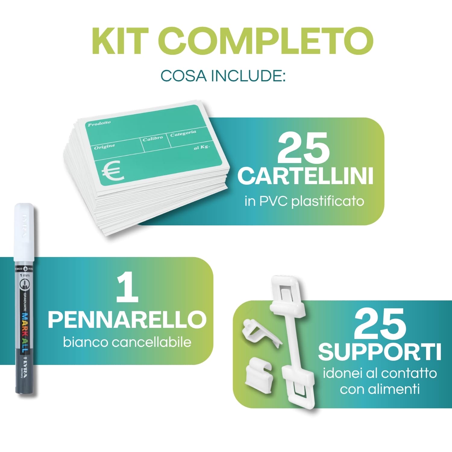 Kit segnaprezzi ortofrutta con 25 cartellini, 25 supporti e pennarello cancellabile