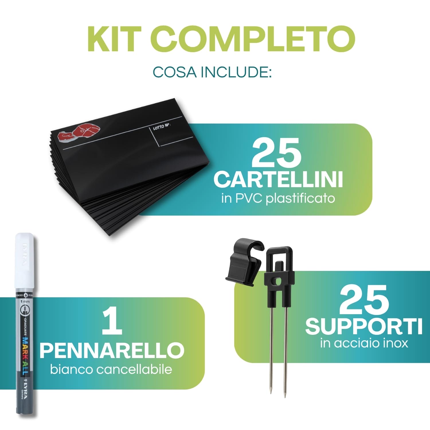 contenuto-kit-segnaprezzi-macelleria Kit con 25 cartellini in PVC, 25 supporti inox e pennarello cancellabile bianco