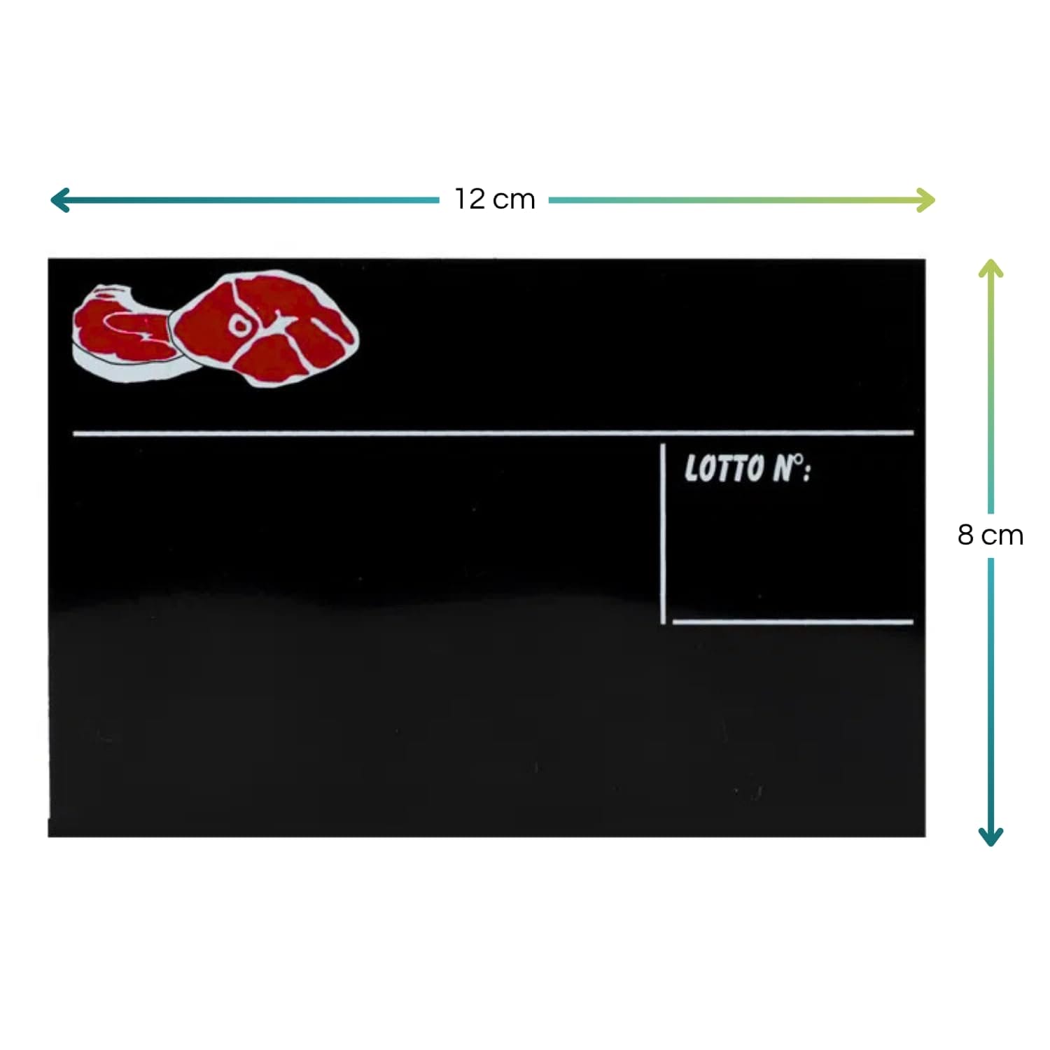 misure-kit-segnaprezzi-macelleria Cartellino nero per macelleria 12×8 cm con icona carne e spazio lotto