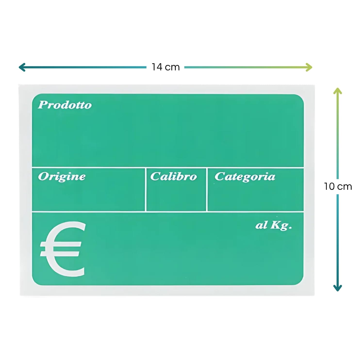 Cartellino verde ortofrutta 14×10 cm con campi prodotto, origine, calibro e categoria