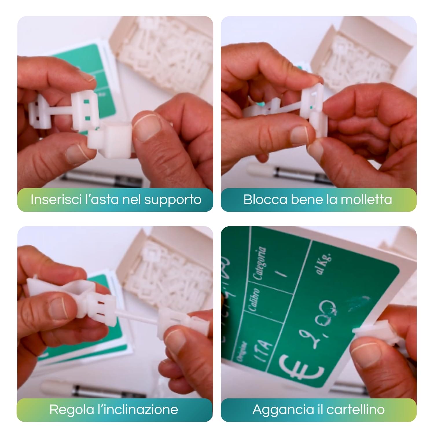 Istruzioni montaggio supporto segnaprezzi ortofrutta in quattro passaggi illustrati