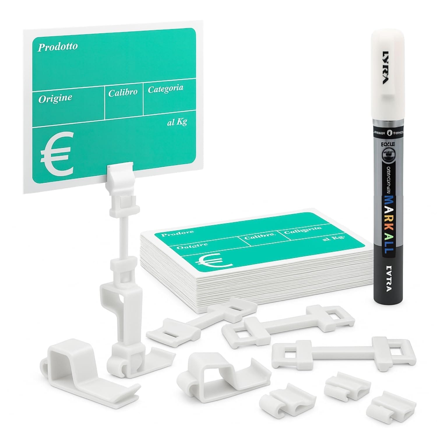 Kit cartellini ortofrutta con supporti bianchi e pennarello per scrittura cancellabile