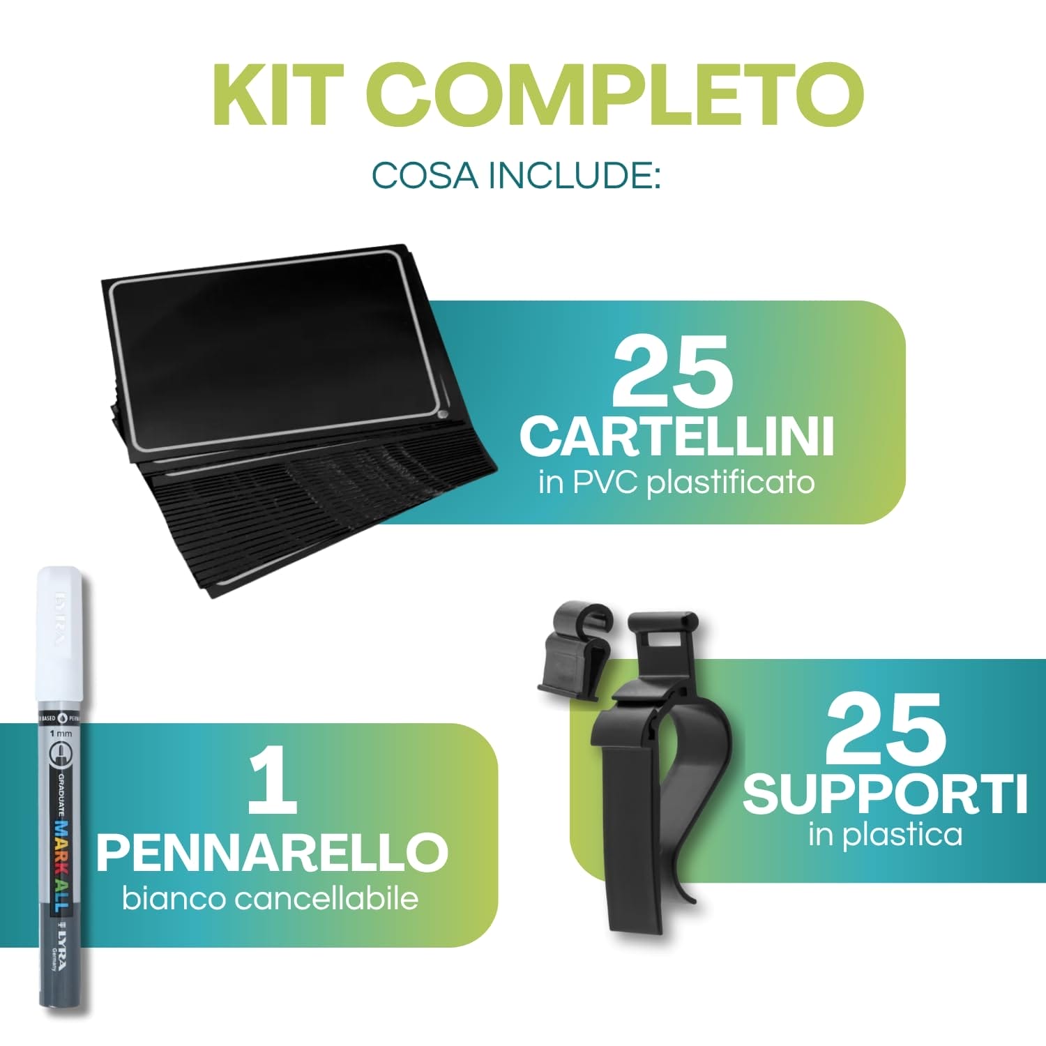 Kit con 25 cartellini neri, 25 supporti in plastica e pennarello bianco cancellabile