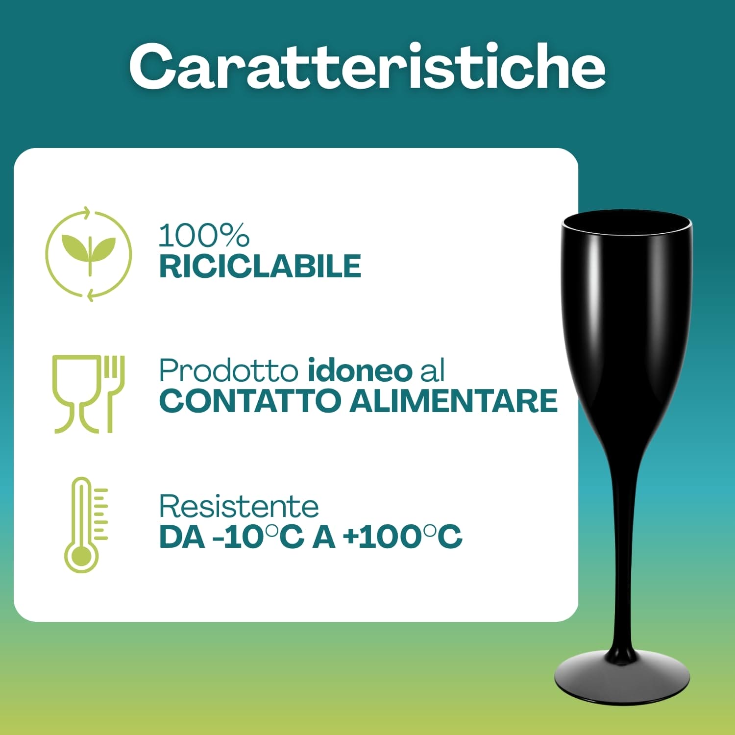 Bicchiere flute nero resistente da -10°C a +100°C 100% riciclabile