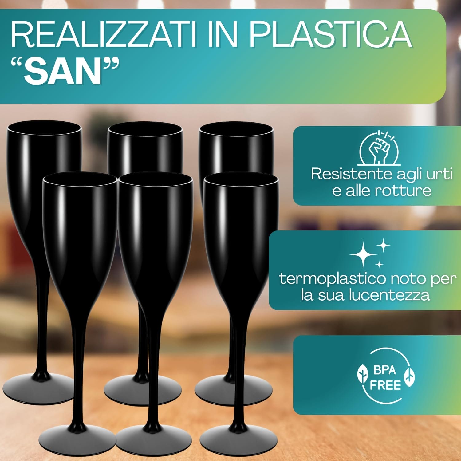 materiale SAN flute nero Set 6 flute champagne neri plastica SAN BPA free resistenti e lucenti