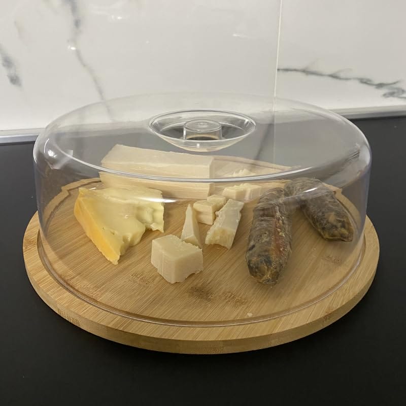 tagliere rotondo in bambù con coperchio trasparente 28 cm per servire formaggi e salumi