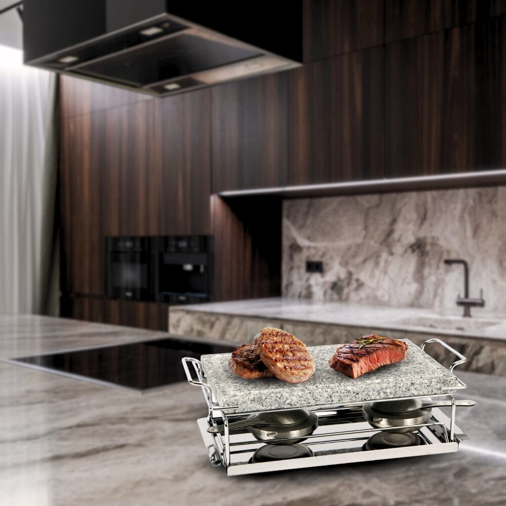 PIETRA OLLARE griglia da tavolo in pietra ollare 37x19 cm con base acciaio e 2 fornellini per carne e pesce