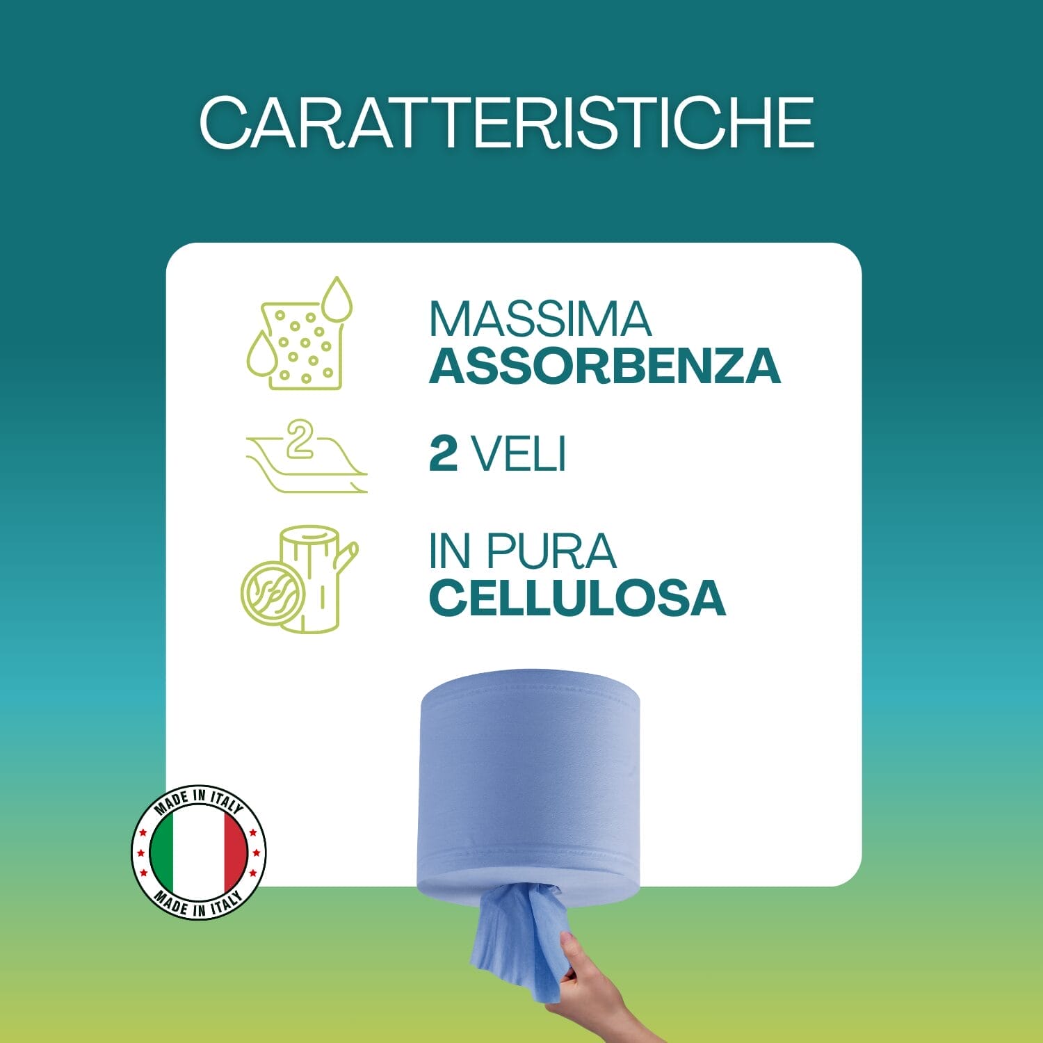 rotoli-ad-estrazione-centrale-dettagli Rotolo asciugatutto blu 2 veli in pura cellulosa Made in Italy