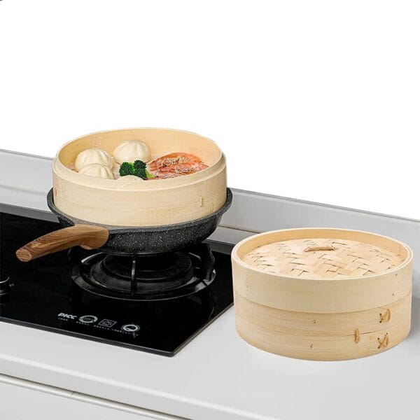 Vaporiera In Bambù Naturale - 3 Pezzi Con 2 Cestelli Per Riso, Dim Sum E Verdure (24cm) - Foto 8