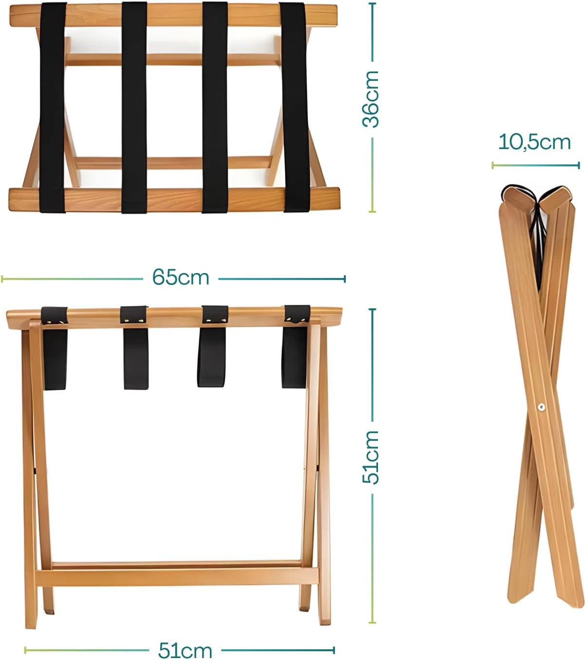 misura reggivaligia alto Porta valigia pieghevole in legno bamboo 65x36x51 cm con 4 cinghie nere resistenti