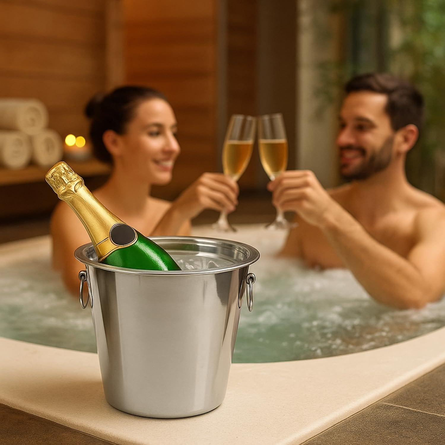 Coppia brinda in jacuzzi con secchiello portaghiaccio acciaio e champagne
