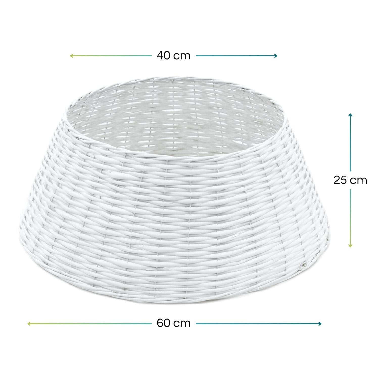 Gonna copri base albero di Natale in vimini bianco Ø40-60 cm altezza 25 cm con misure indicate