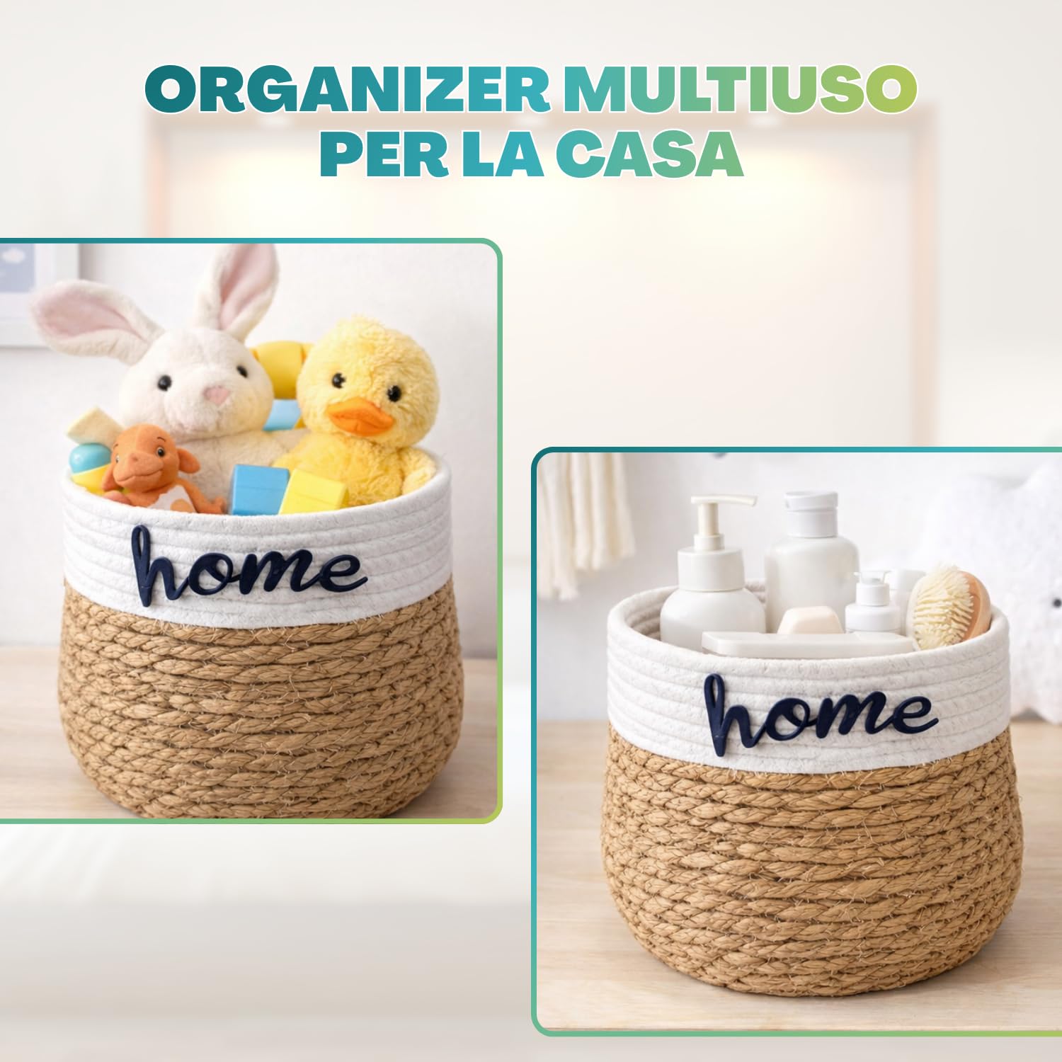 Cestino in corda multiuso con scritta Home, ideale per giochi bambini e accessori baby