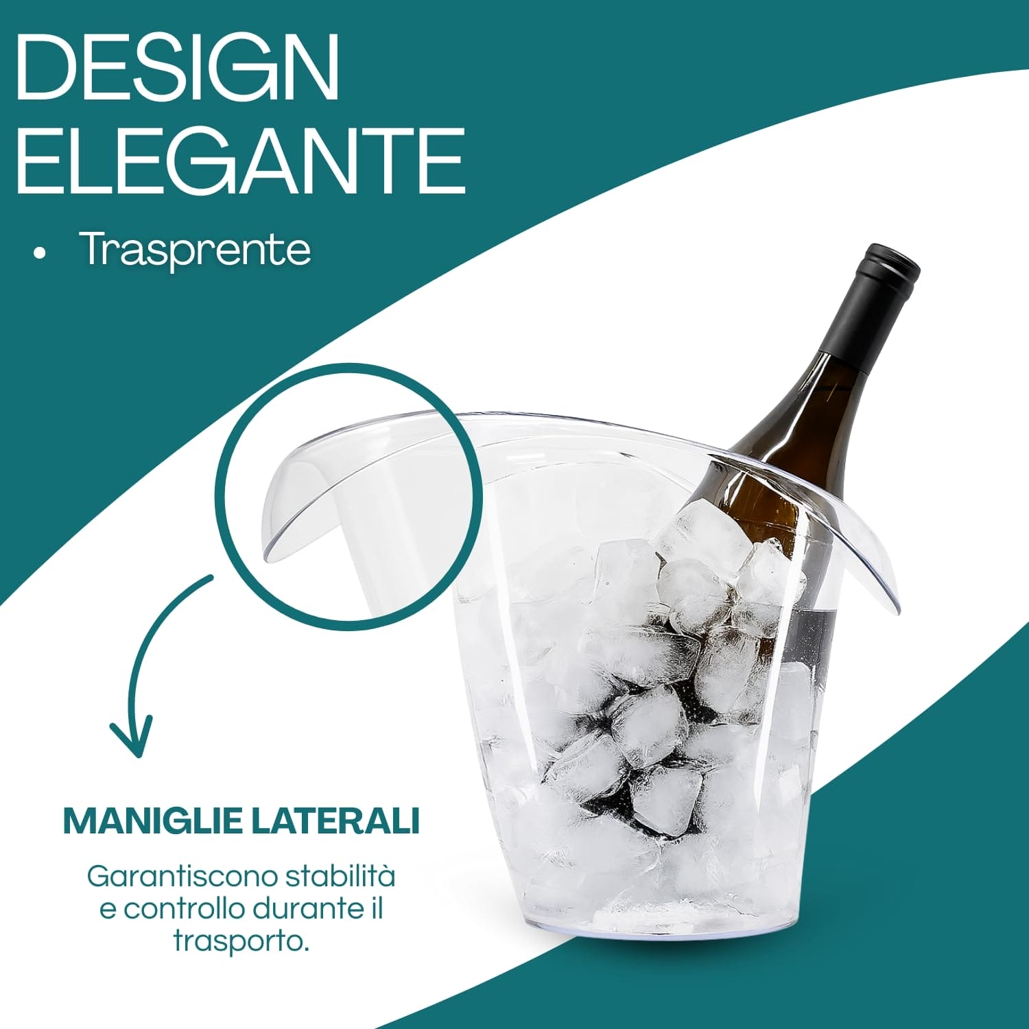 Secchiello ghiaccio plastica trasparente con maniglie laterali e bottiglia