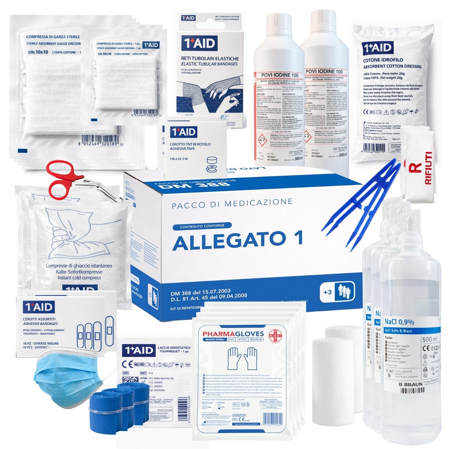 Kit reintegro allegato 1 pronto soccorso per aziende, pacco medicazione conforme DM 388