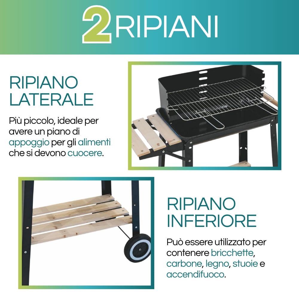 BARBECUE A LEGNA PIEGHEVOLE CON RUOTE GRATICOLA IN ACCIAIO CM 70