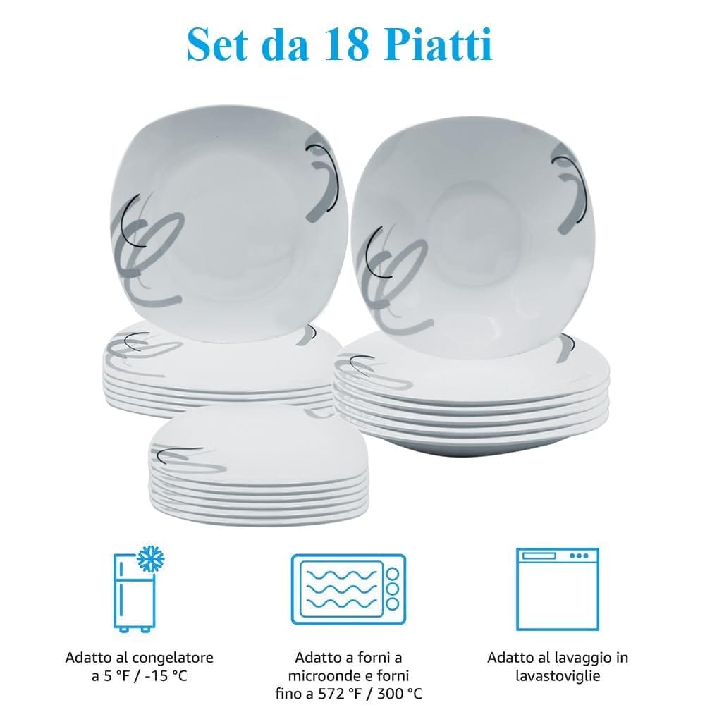 Set 18 piatti quadrati in porcellana bianca adatti a microonde e lavastoviglie