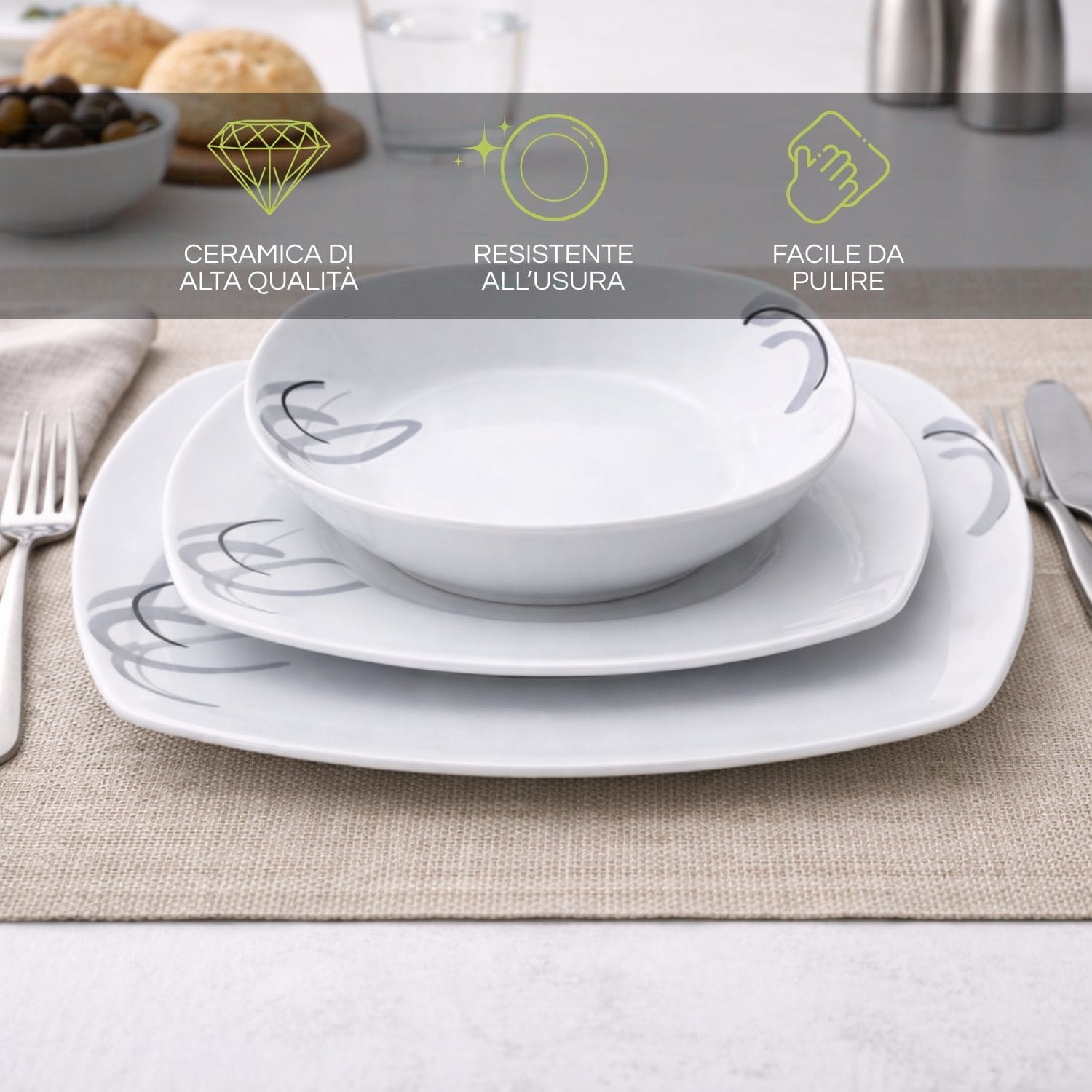 Set piatti moderni in ceramica resistente e facile da pulire