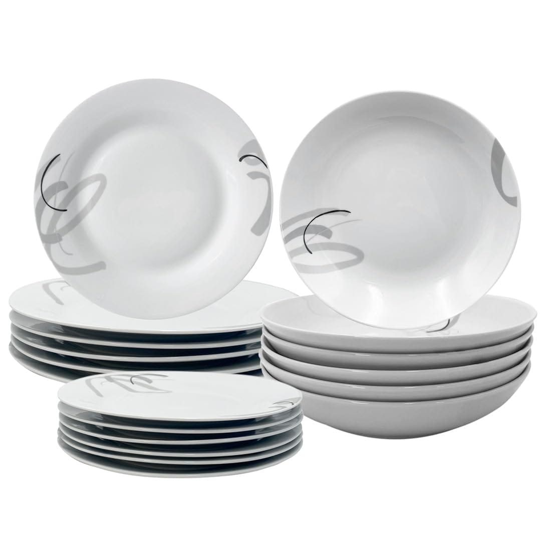 Set 18 piatti rotondi in porcellana bianca decorata per 6 persone