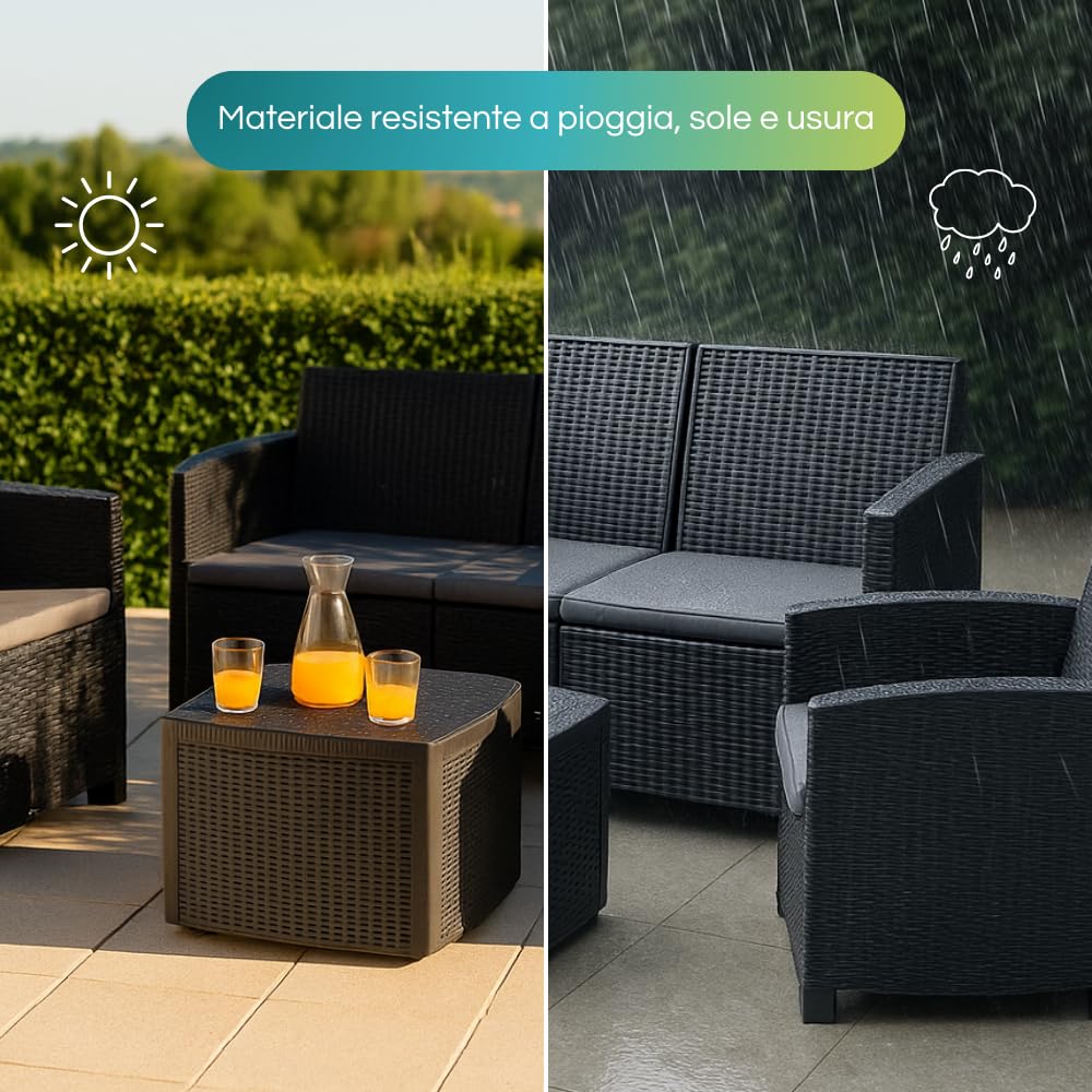 Salotto da giardino in rattan antracite resistente a sole e pioggia con divano, poltrone e tavolino