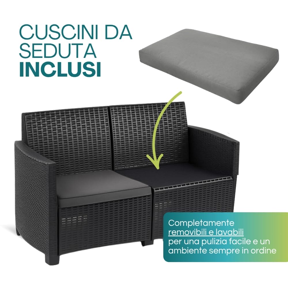 Cuscini seduta inclusi e rimovibili su divano in rattan antracite, lavabili per facile pulizia