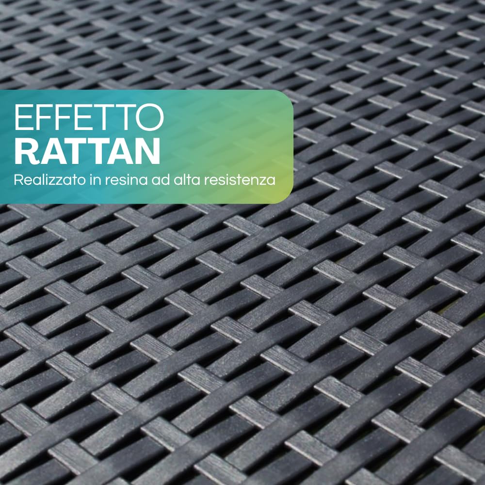 Dettaglio superficie effetto rattan in resina ad alta resistenza su salotto da giardino antracite