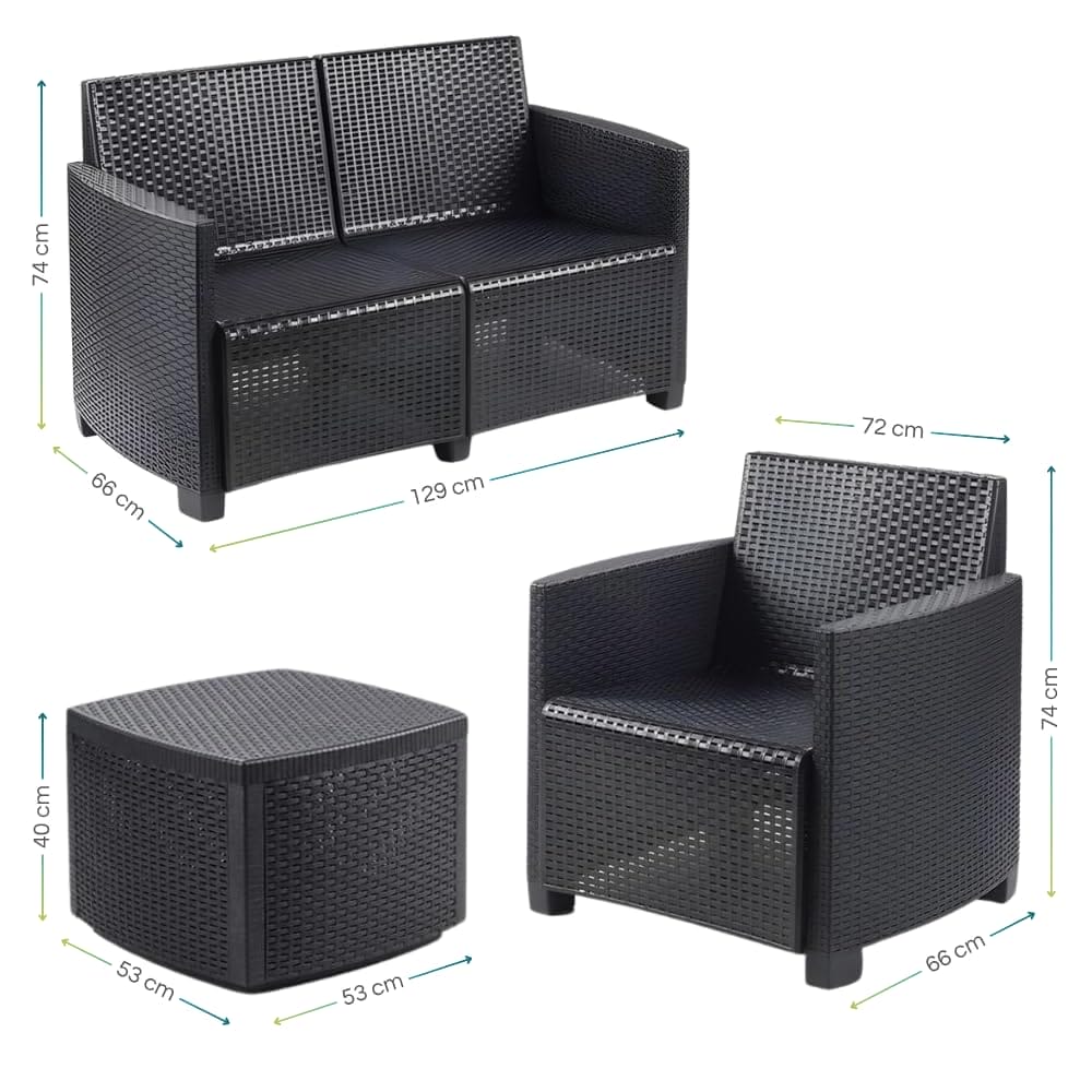 Misure divano, poltrona e tavolino del set giardino in rattan antracite COMO 4 posti con cuscini
