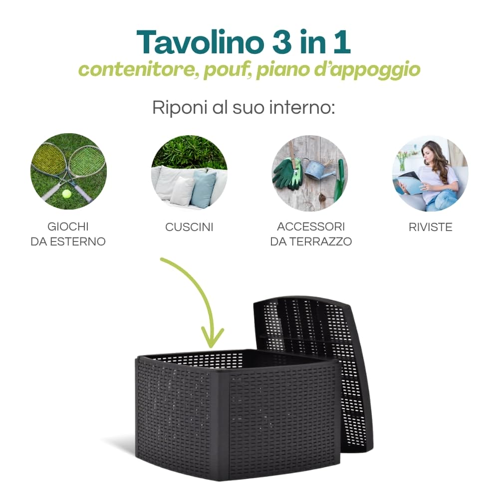 Tavolino 3 in 1 in rattan antracite con contenitore interno, pouf e piano d’appoggio per esterni