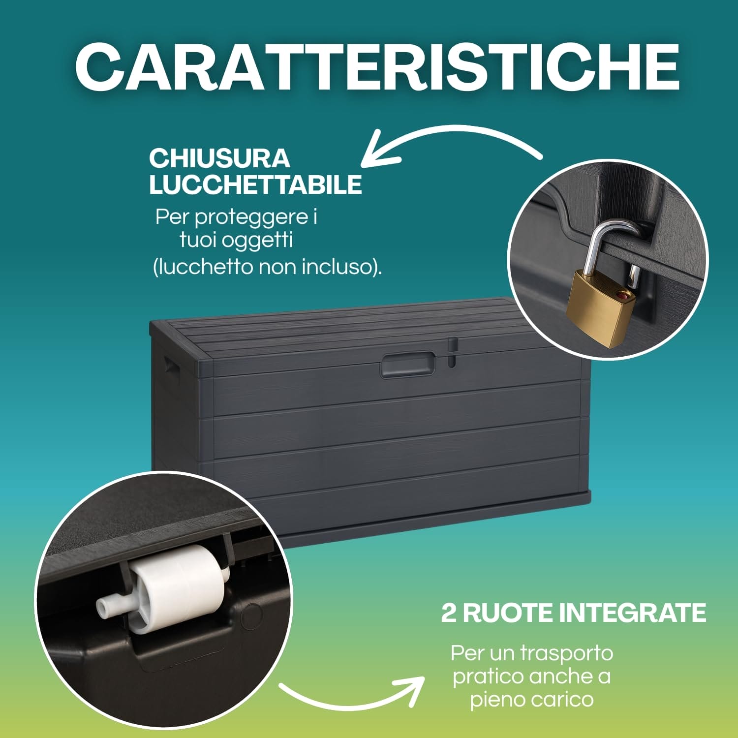 Baule da giardino antracite con chiusura lucchettabile e 2 ruote integrate per trasporto