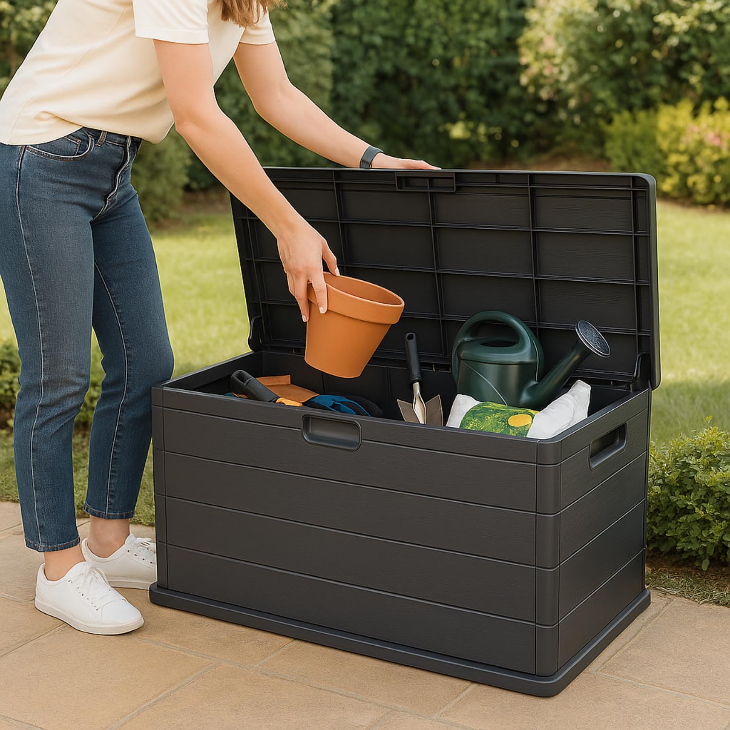 Baule da giardino antracite aperto con attrezzi da giardinaggio, capacità 340 litri, resistente e capiente