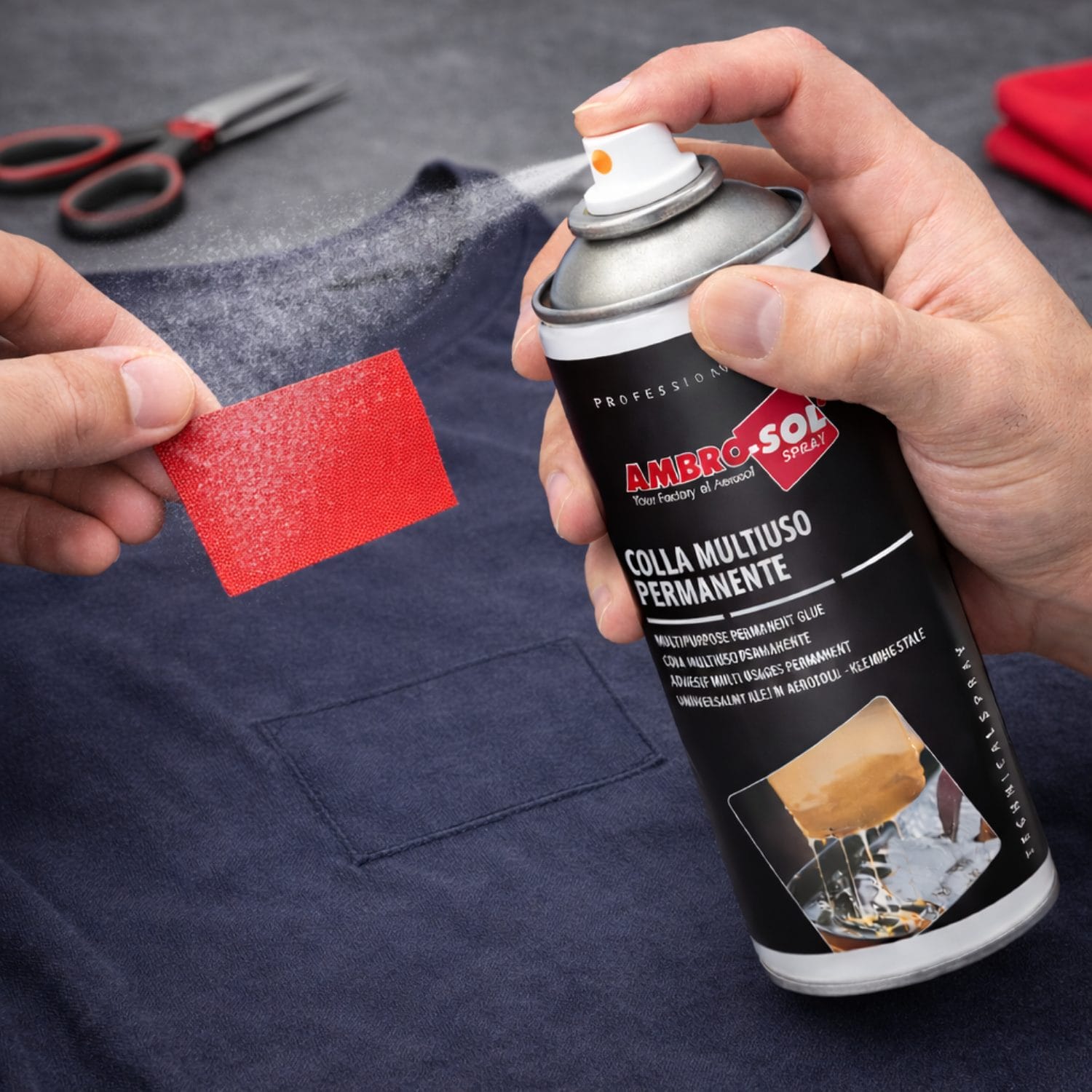 Colla spray permanente Ambro-Sol per applicare patch e tessuti su abbigliamento