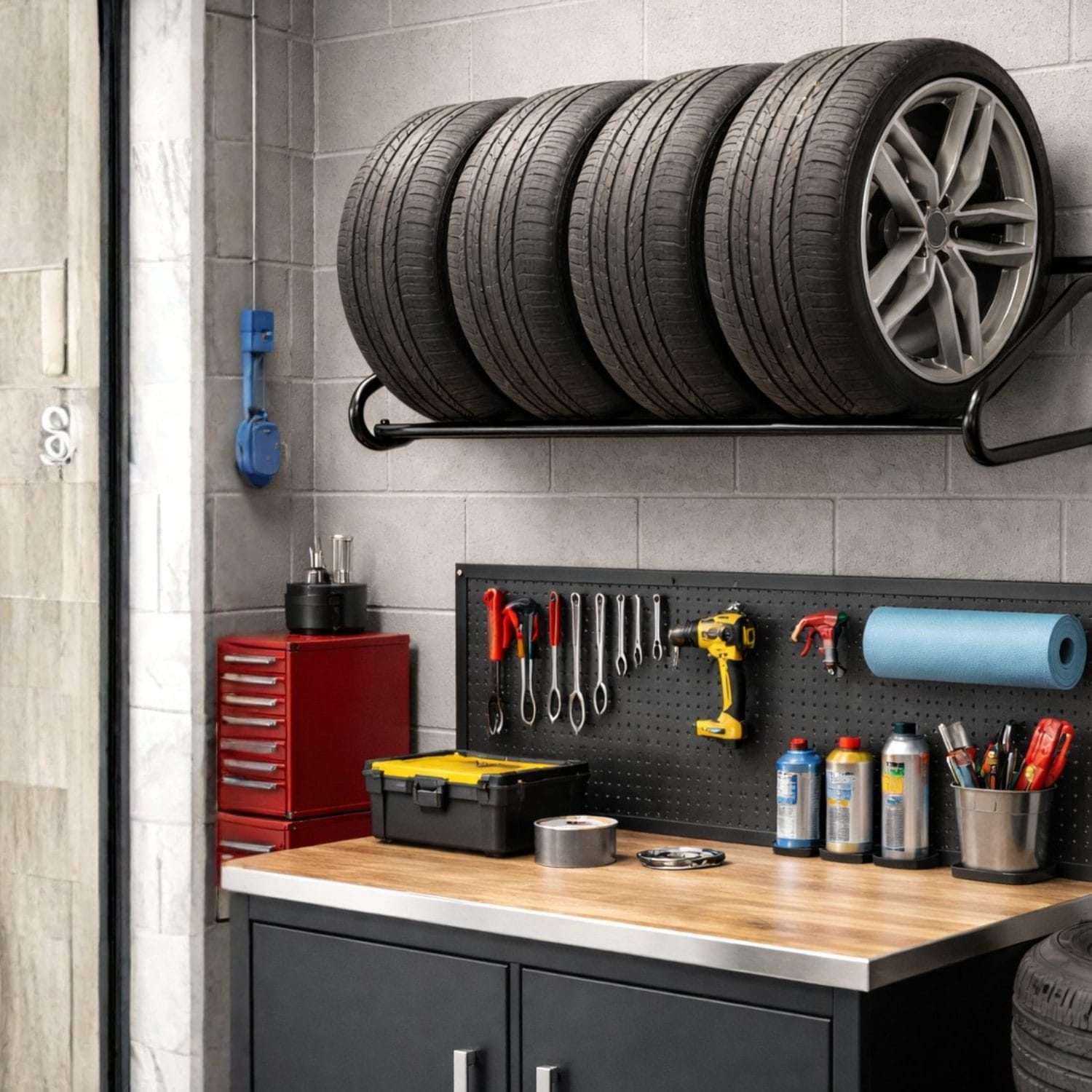 Portagomme da parete con pneumatici montato in garage e officina