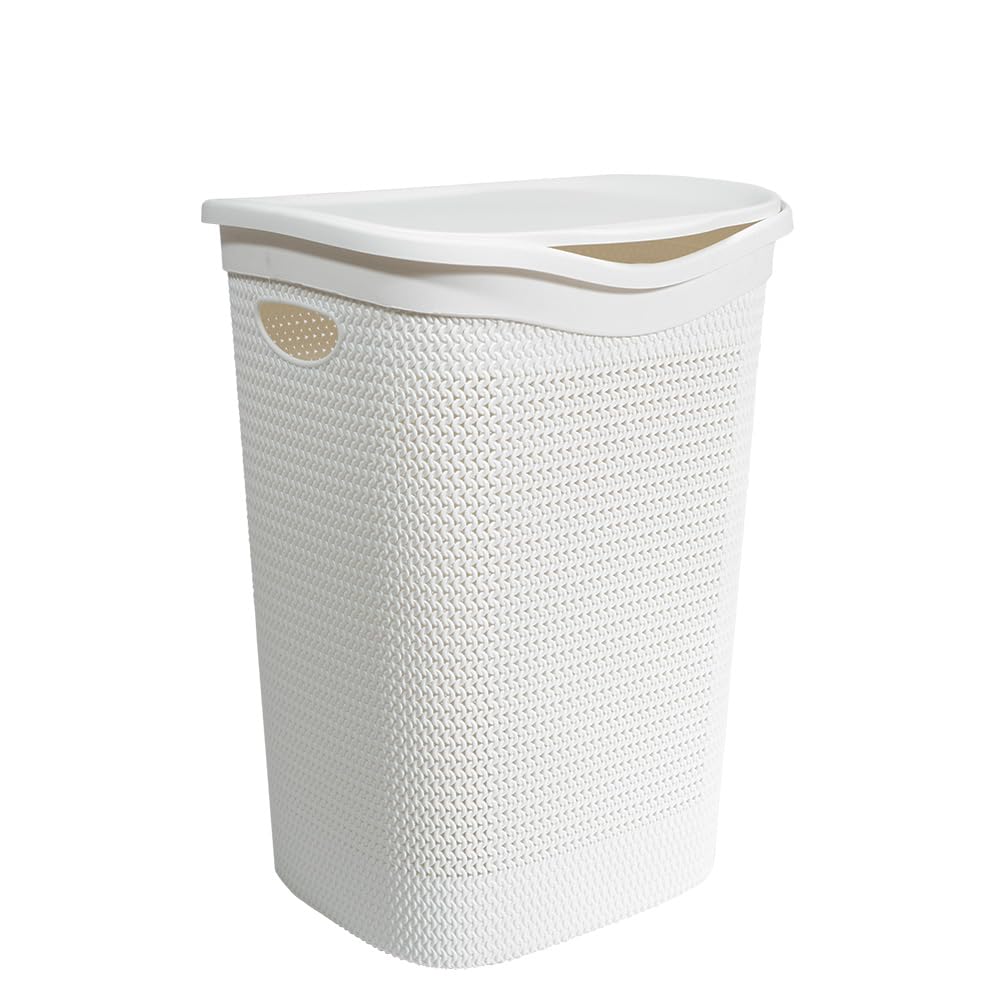 portabiancheria-bianco Cesto portabiancheria bianco in plastica effetto rattan 39,5x37x54 cm con coperchio