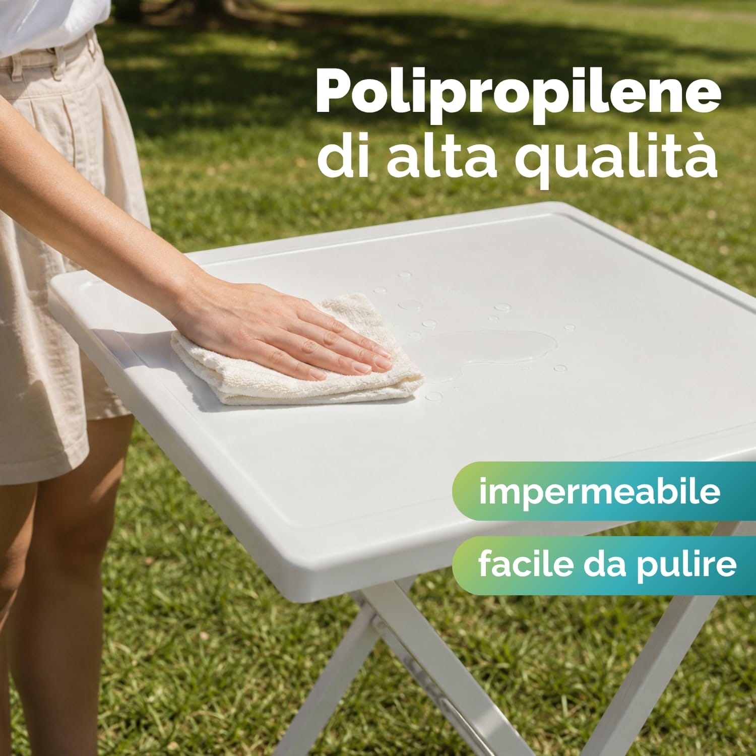 Tavolo da giardino pieghevole ARNO in polipropilene impermeabile facile da pulire colore bianco