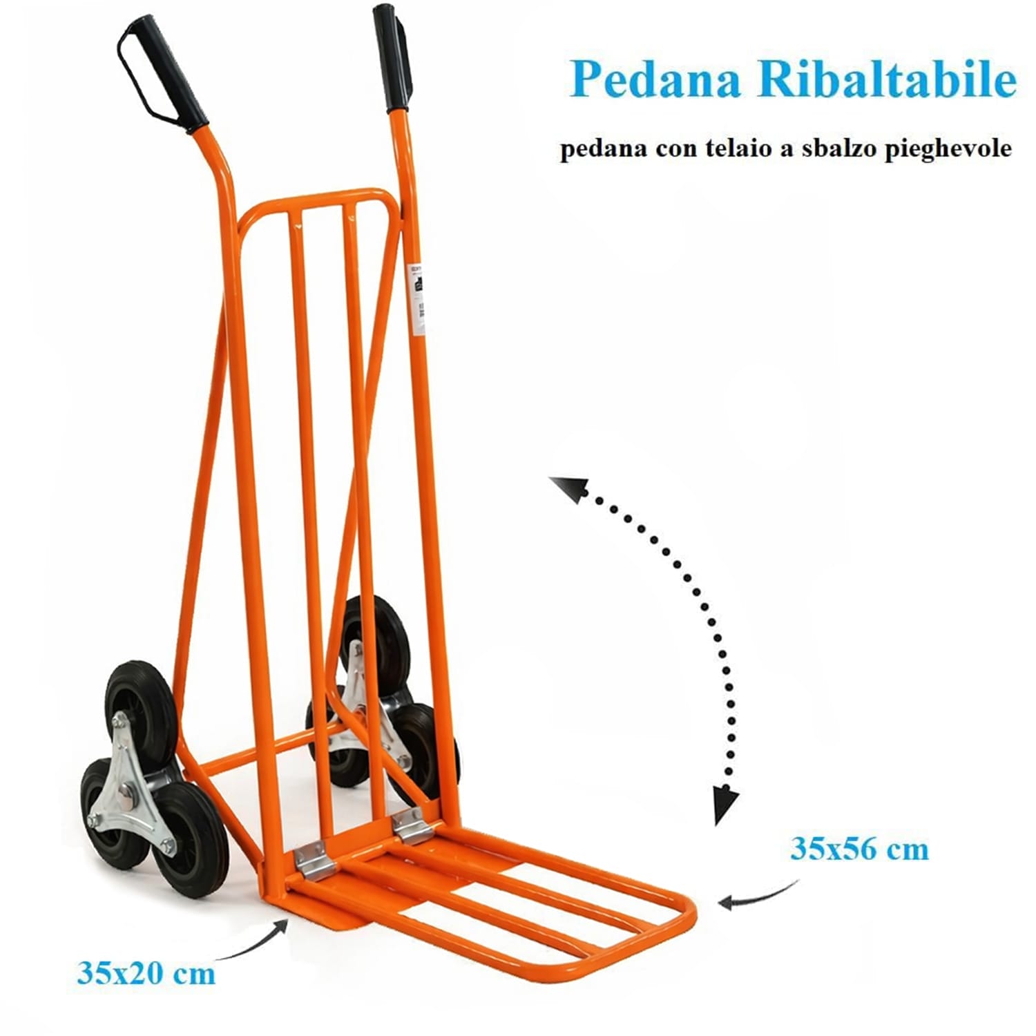 Pedana ribaltabile a sbalzo del carrello per scale, struttura arancione robusta