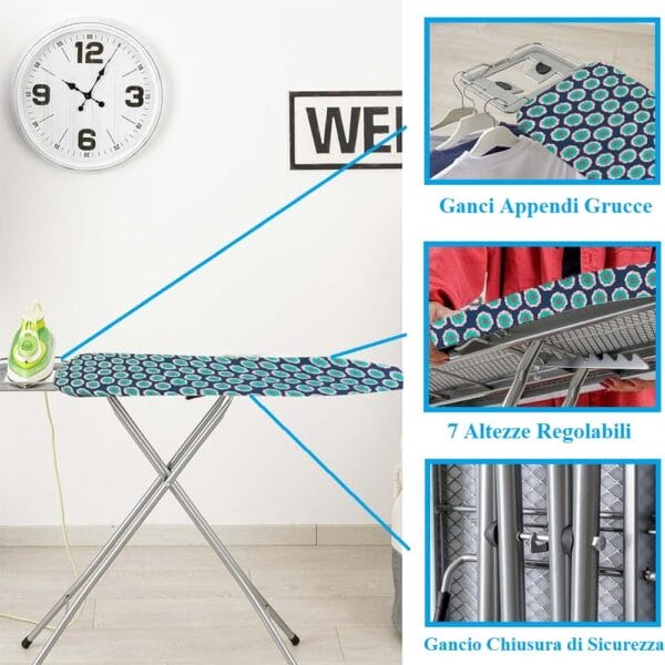 Asse da stiro pieghevole e salvaspazio regolabile in altezza