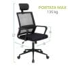 Sedia ergonomica da ufficio nera con portata massima 135 kg e misure