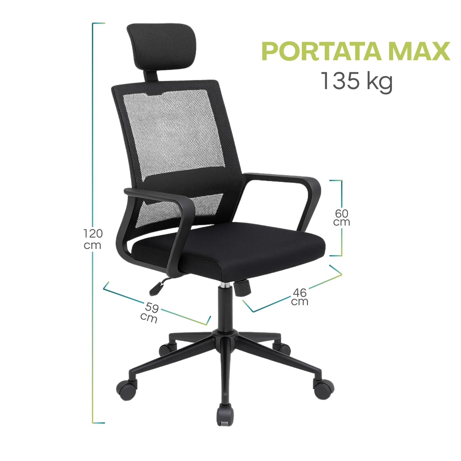 Sedia ergonomica da ufficio nera con portata massima 135 kg e misure