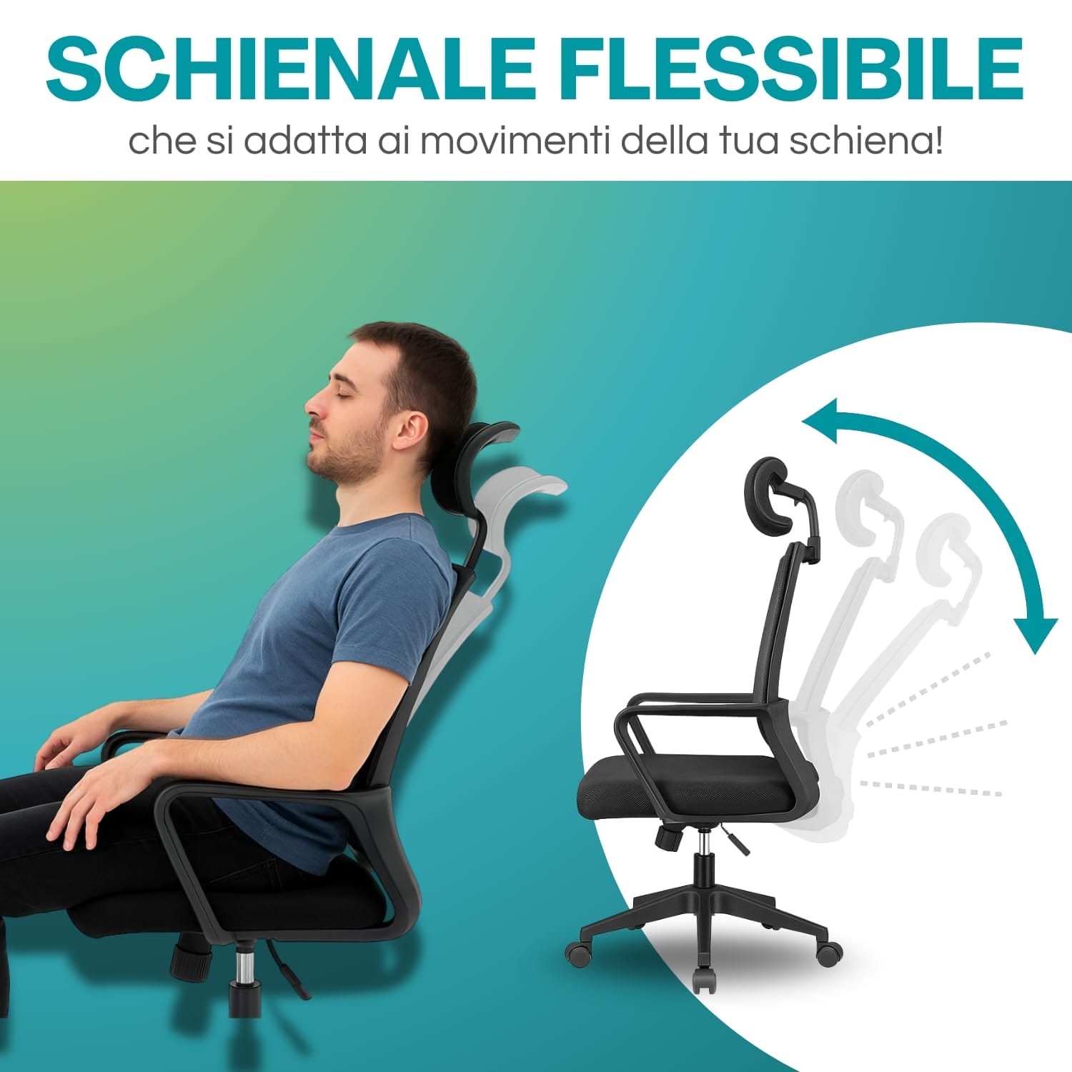 Dettaglio schienale flessibile in tessuto a rete per comfort e postura corretta