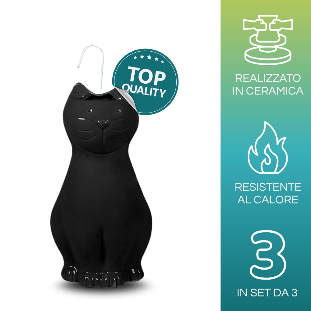 Evaporatore d’acqua per termosifone a forma di gatto in ceramica nera con gancio a S, resistente al calore