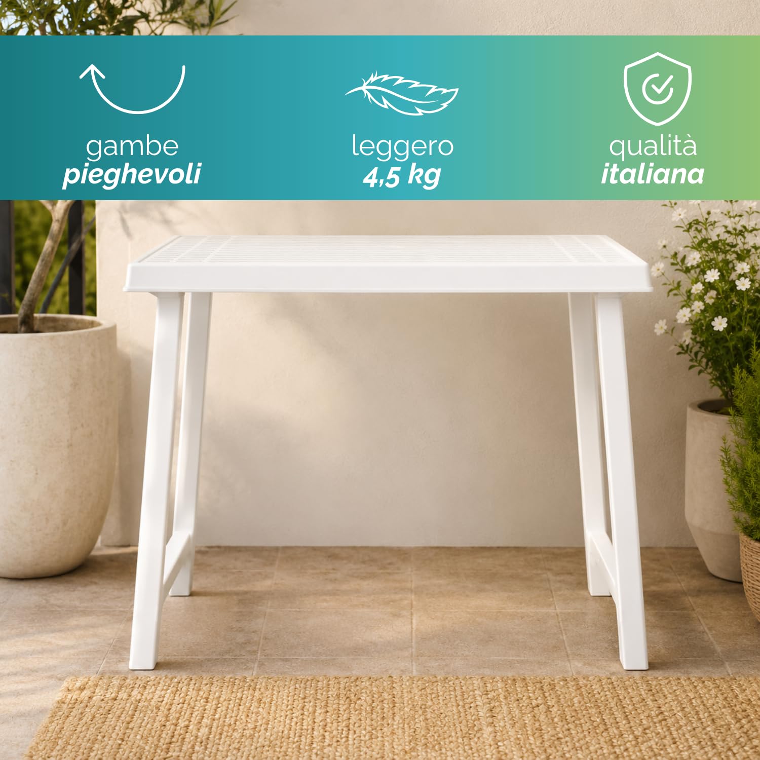 Tavolo da giardino pieghevole NIK bianco con gambe richiudibili, leggero 4,5 kg Made in Italy