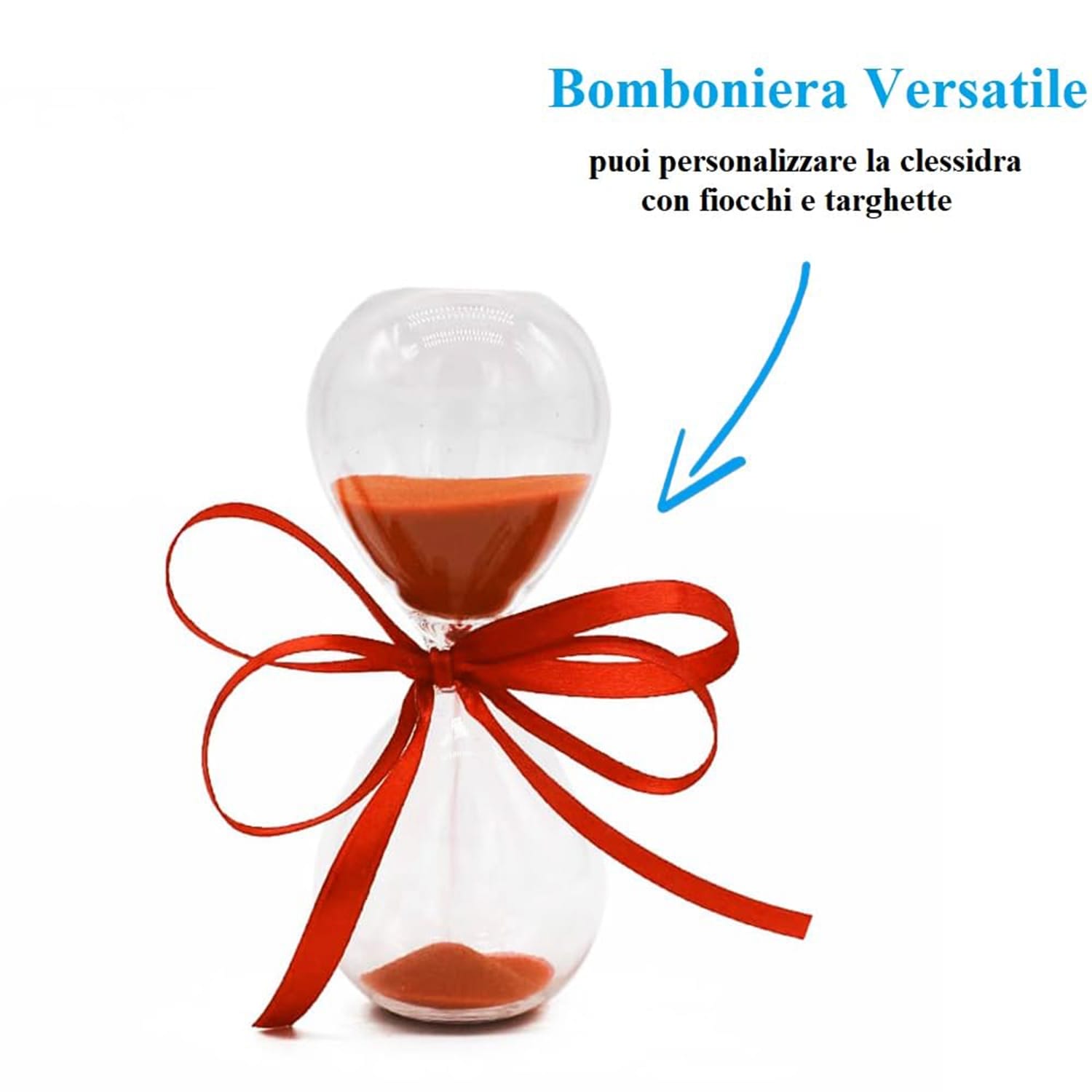Bomboniera clessidra in vetro con sabbia arancione e fiocco rosso personalizzabile