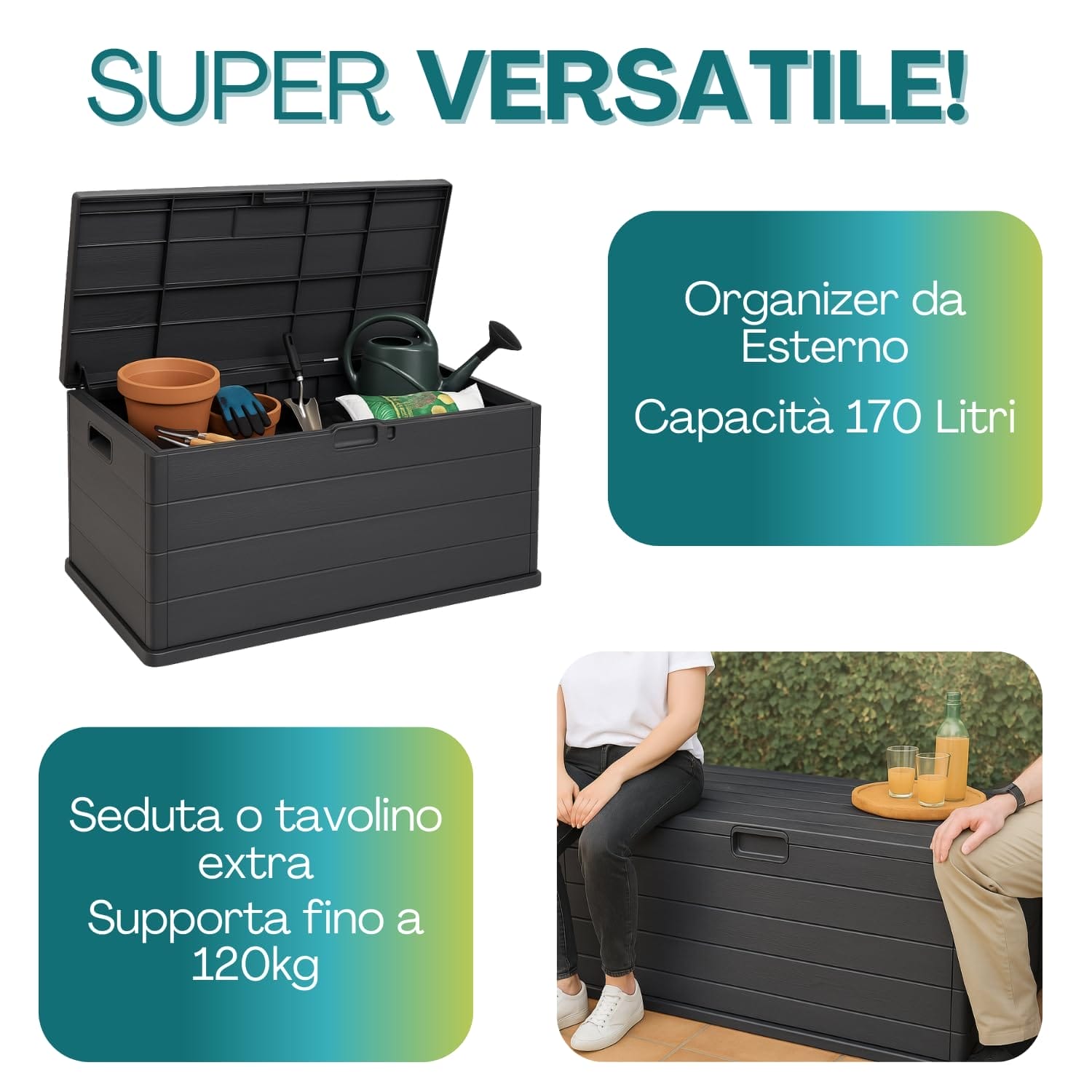 Baule in resina 170 litri multiuso per esterni, usabile come organizer, tavolino o seduta fino 120kg