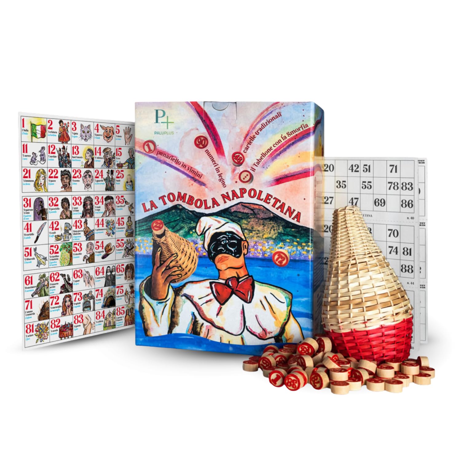 principale-tombola-napoletana La Tombola Napoletana Paluplus con confezione illustrata, tabellone Smorfia, numeri in legno e cestello in vimini.