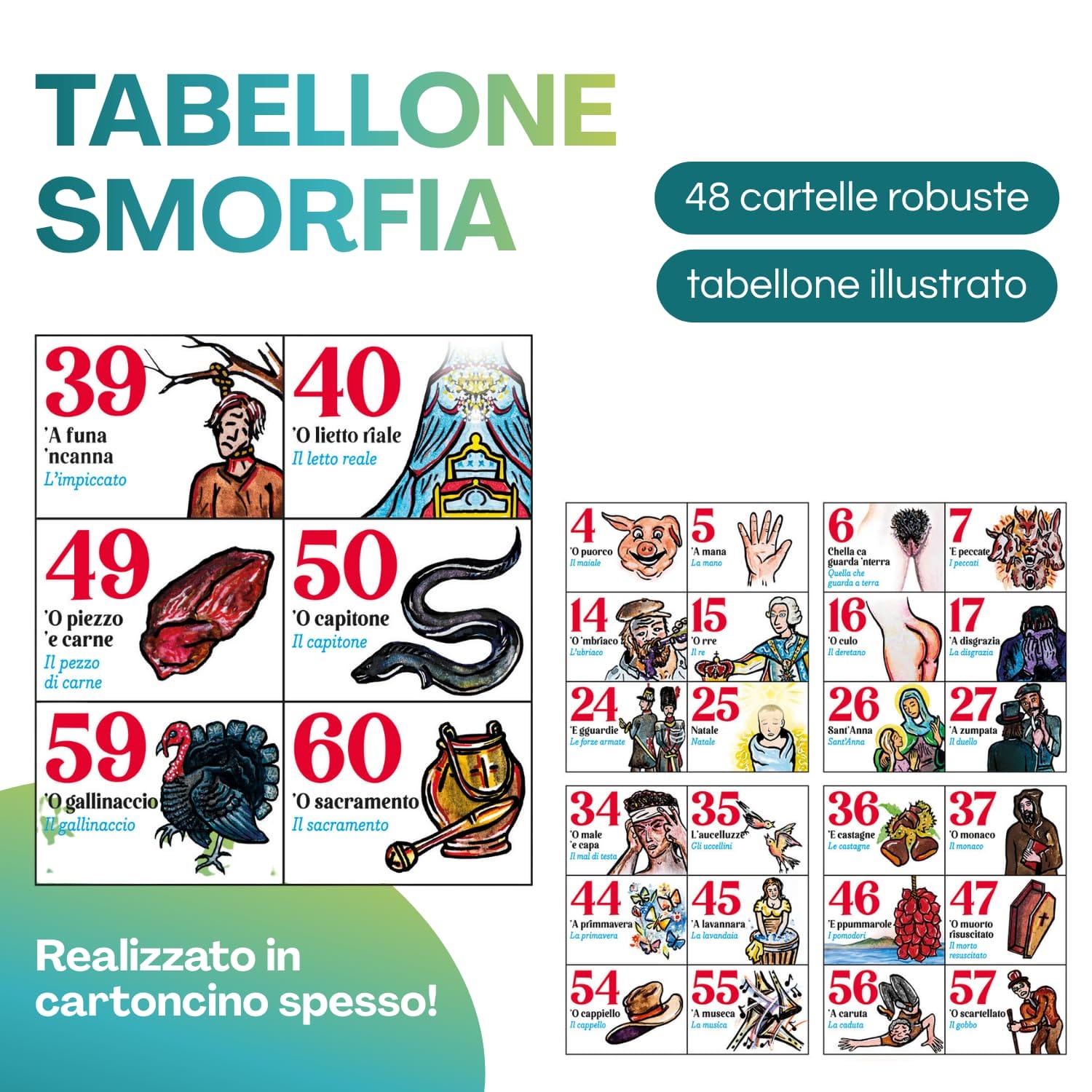 tabellone-tombola-napoletana Tabellone Smorfia Napoletana con illustrazioni tradizionali e 48 cartelle robuste in cartoncino spesso.